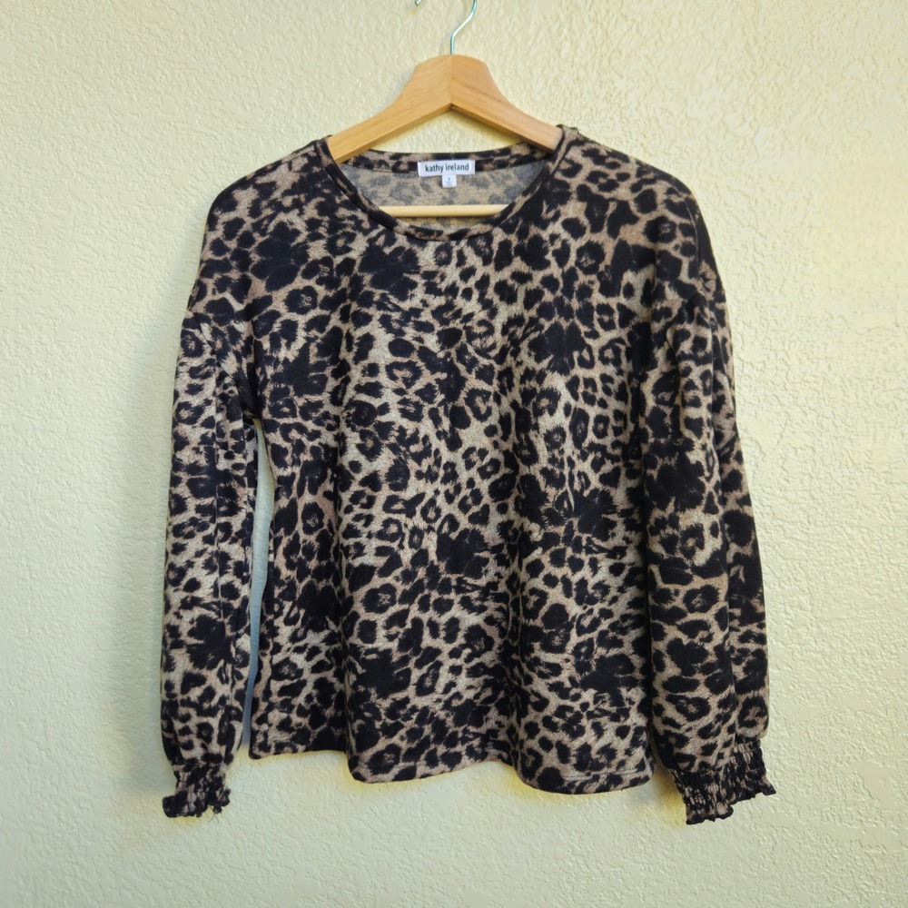Kathy Ireland Leopard Print Smocked Cuff Top Small Brown Indie Sleaze Office EUC